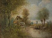 Landscape with cows, small farm and windmill unknow artist